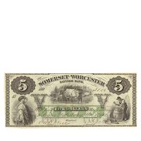 Банкнота 5 долларов 1862 года «Somerset and Worcester Saving Bank» аверс